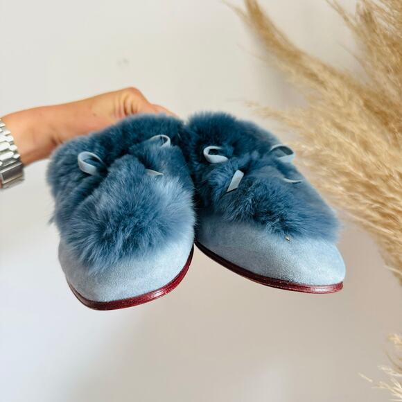 NEW AD DAUGHTER Blue Grey Rabbit Fur Flats Pointy Toe Bow Slides Mules Shoes 6.5 - Picture 8 of 14